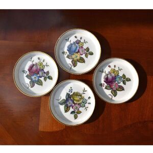 Set of 4 Royal Worcester Bone China Coasters - Hand Painted Floral Gold Rim G676